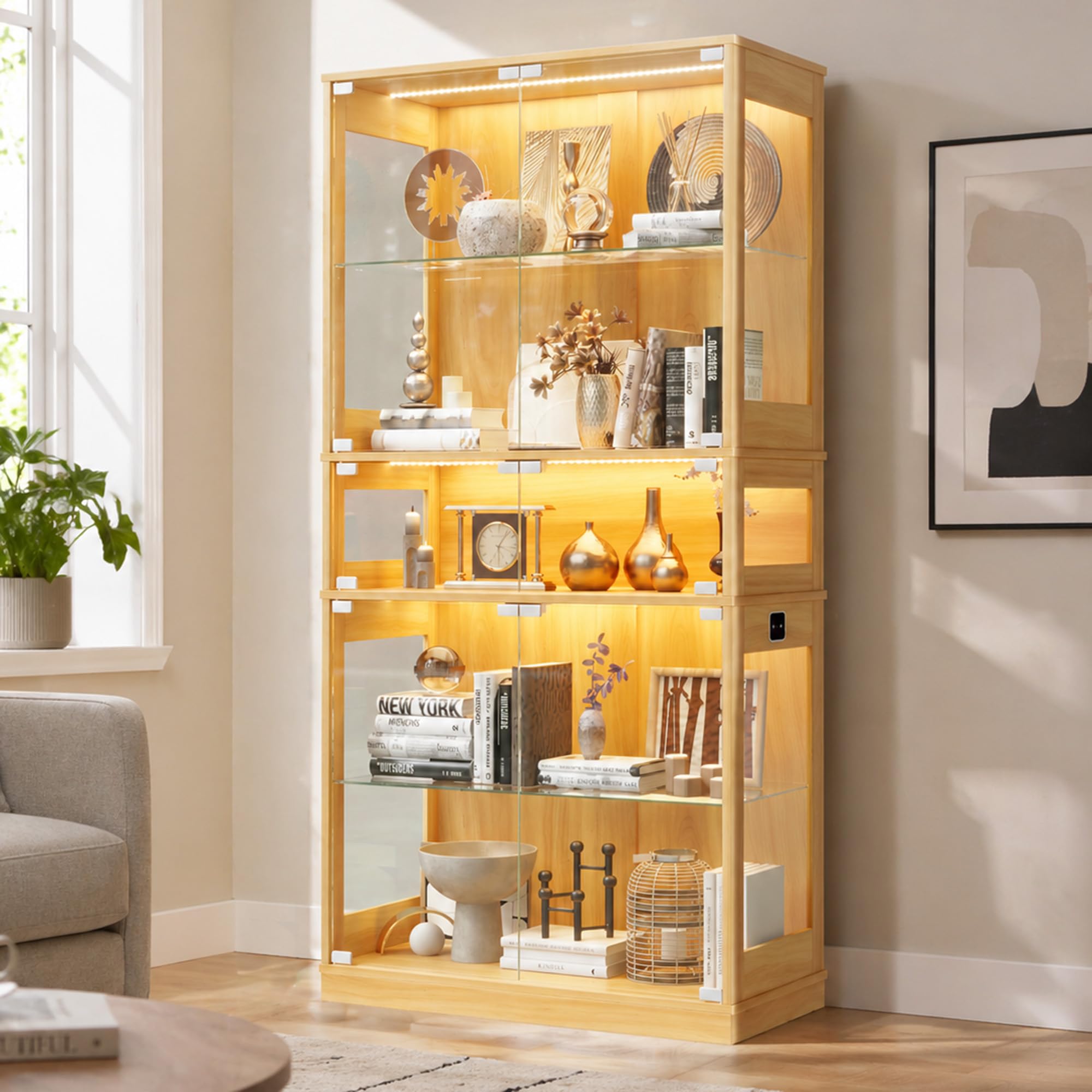 ZKIODV Glasvitrine mit LED Beleuchtung, 5-Lagen Vitrinenschrank Glas Stehend, Holz Vitrine mit Intelligente Sensorik, Sammlervitrine Staubdicht für Wohnzimmer Schlafzimmer Büro - 165x80 cm (Eiche)