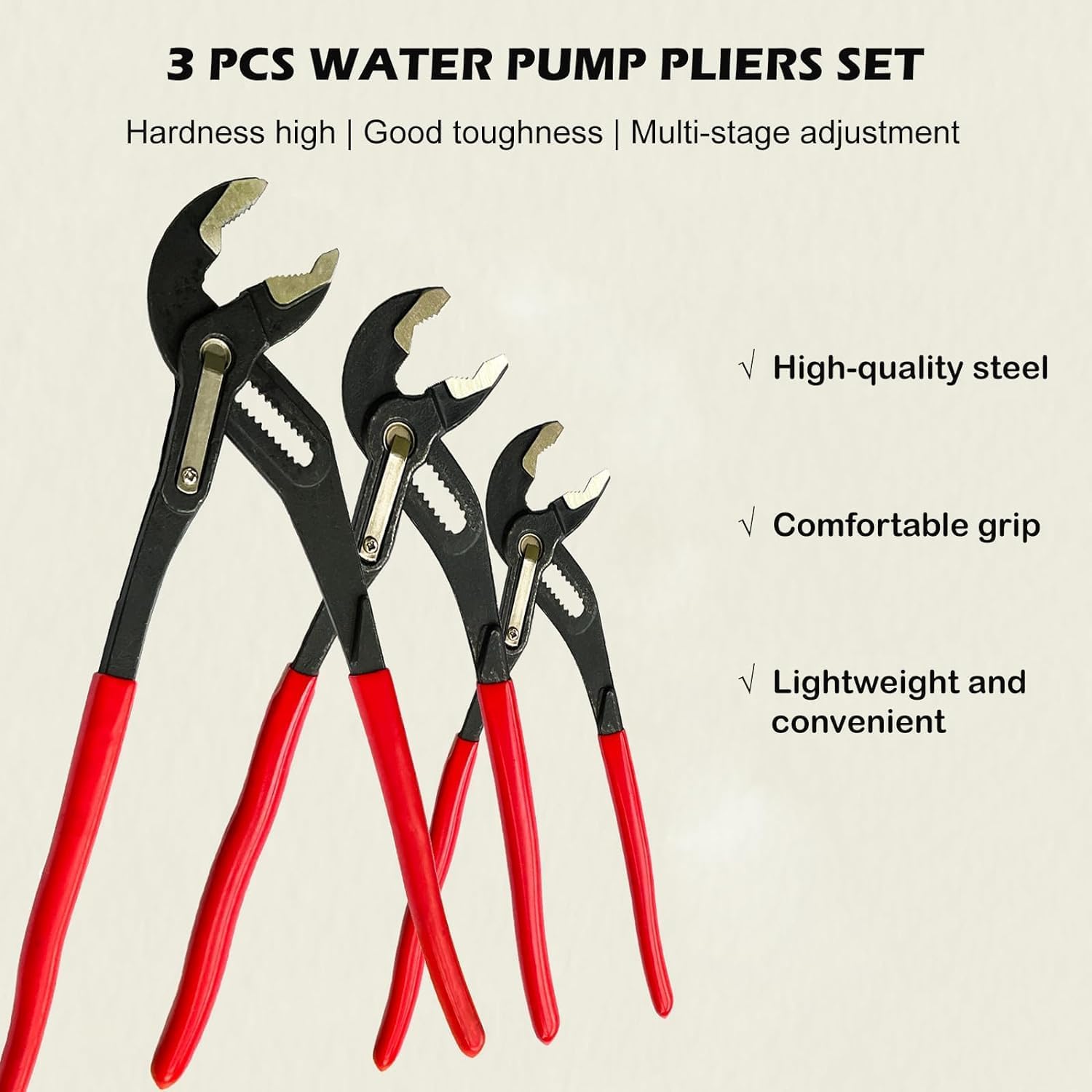 3-Pieces Water Pump Pliers Set, 7-Inch, 10-Inch and 16-Inch Curved Jaw Quick Adjustment Pliers Set, Tongue and Groove Joint Pliers Set, Auto-Adjusting Quick-Action Water Pump Pliers