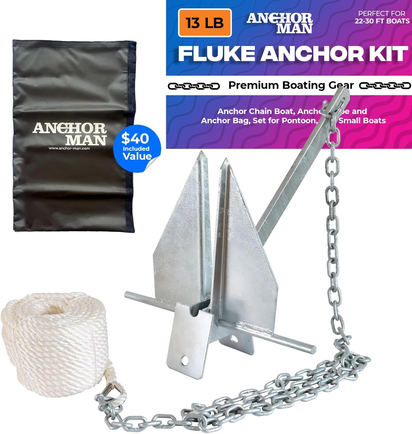 Anchor-Man Premium Boat Anchor Kit, Fluke Style Small Boat Anchor Kit, Includes Sea Anchor Chain, Anchor Rope & Free Anchor Storage Bag