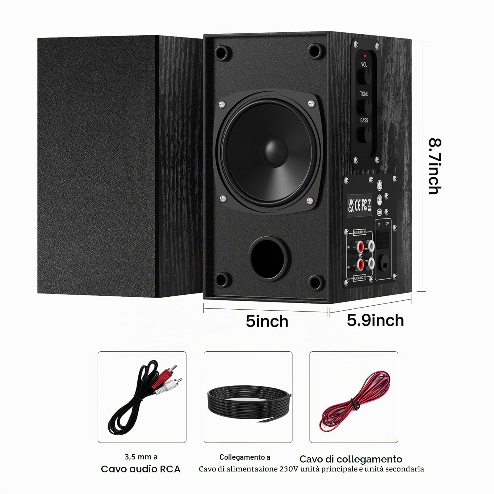 Elimavi Altoparlante da scaffale attivo, altoparlante per computer con woofer da 4", altoparlante da 3,5 mm su RCA Aux per giradischi, struttura in legno, può essere montato a parete