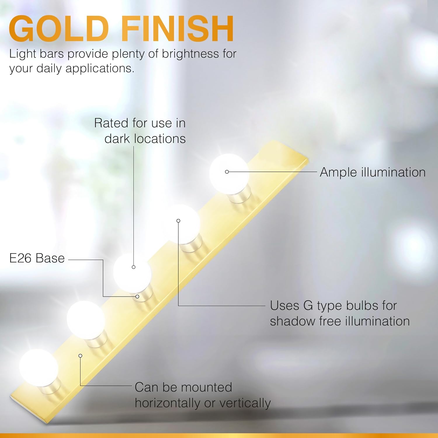 DYSMIO Lighting Five Light Vanity Strip - Hollywood Style Mirror Fixture with Gold Plates – Salon-Grade Accessories for Bedroom, Bathroom, Dressing Room, Makeup Studio - 30 x 4.25 Inches