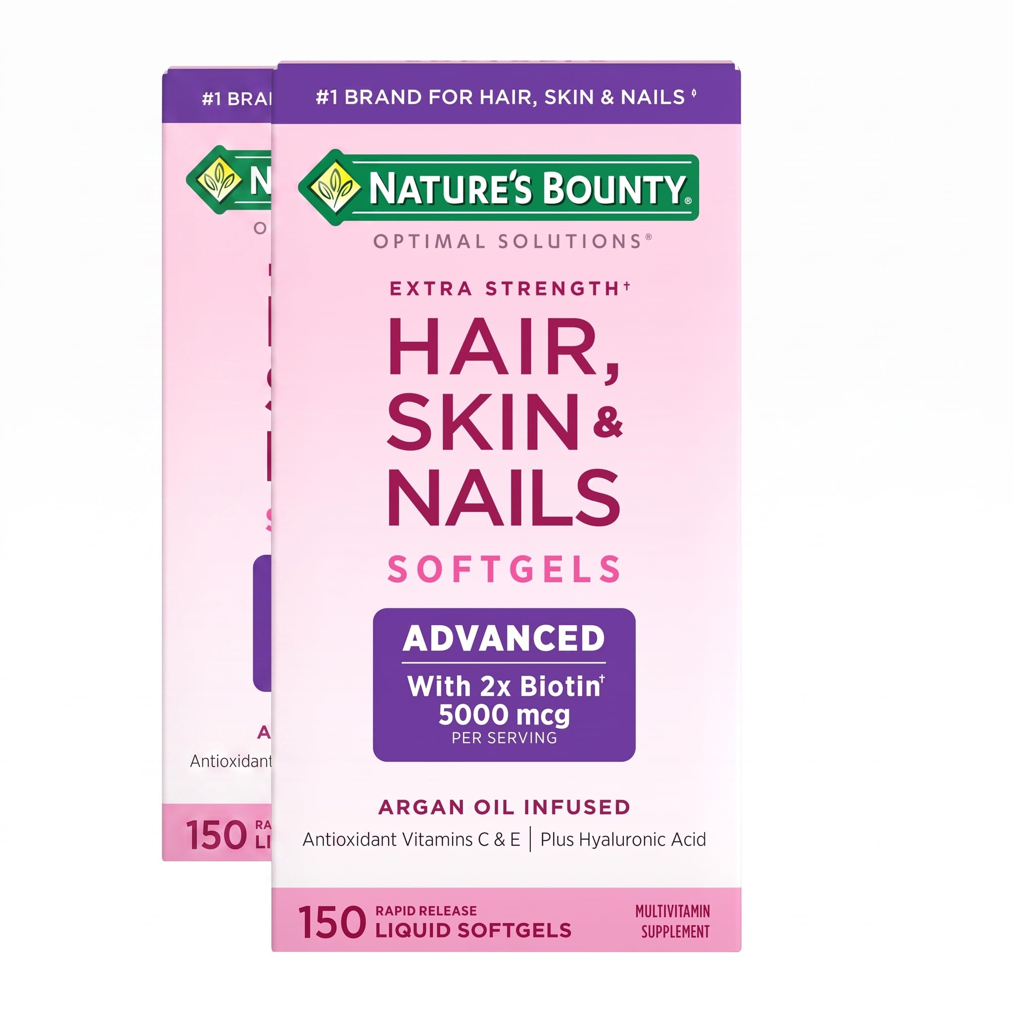 Nature's Bounty Advanced Hair, Skin &amp; Nails, Argan-Infused Vitamin Supplement with Biotin and Hyaluronic Acid, 150 Rapid Release Softgels (Pack of 2)