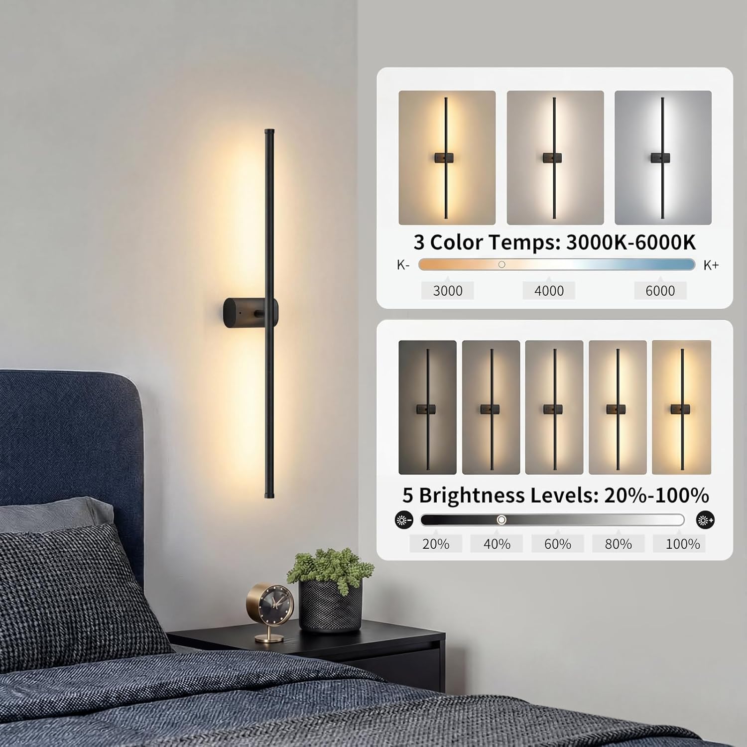 ONEWISH Battery Operated Wall Sconces Set of 2, 27.75" Rechargeable Wall Lights with Remote & Removable Battery, 3-Color Dimmable Wireless Sconces for TV Wall Decor, Picture Light, Bedroom, Black