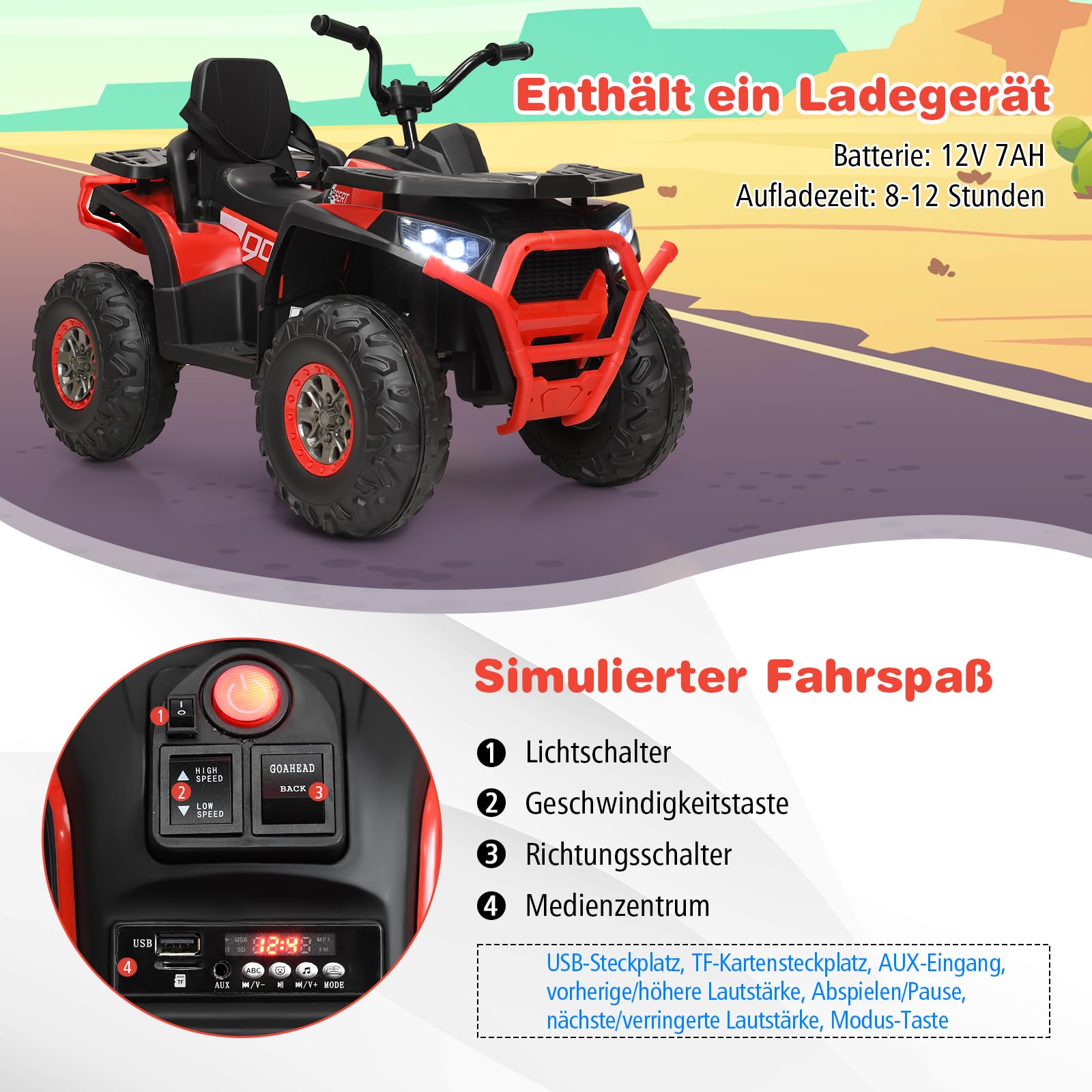 GOPLUS 12V Kinder Quad, Elektro Kinderquad mit breitem Sitz, USB/MP3/TF-Funktionen, LED-Scheinwerfern, Hupe, 3-8 km/h, Kinderauto Elektroauto für Kinder ab 3 Jahren (Rot)