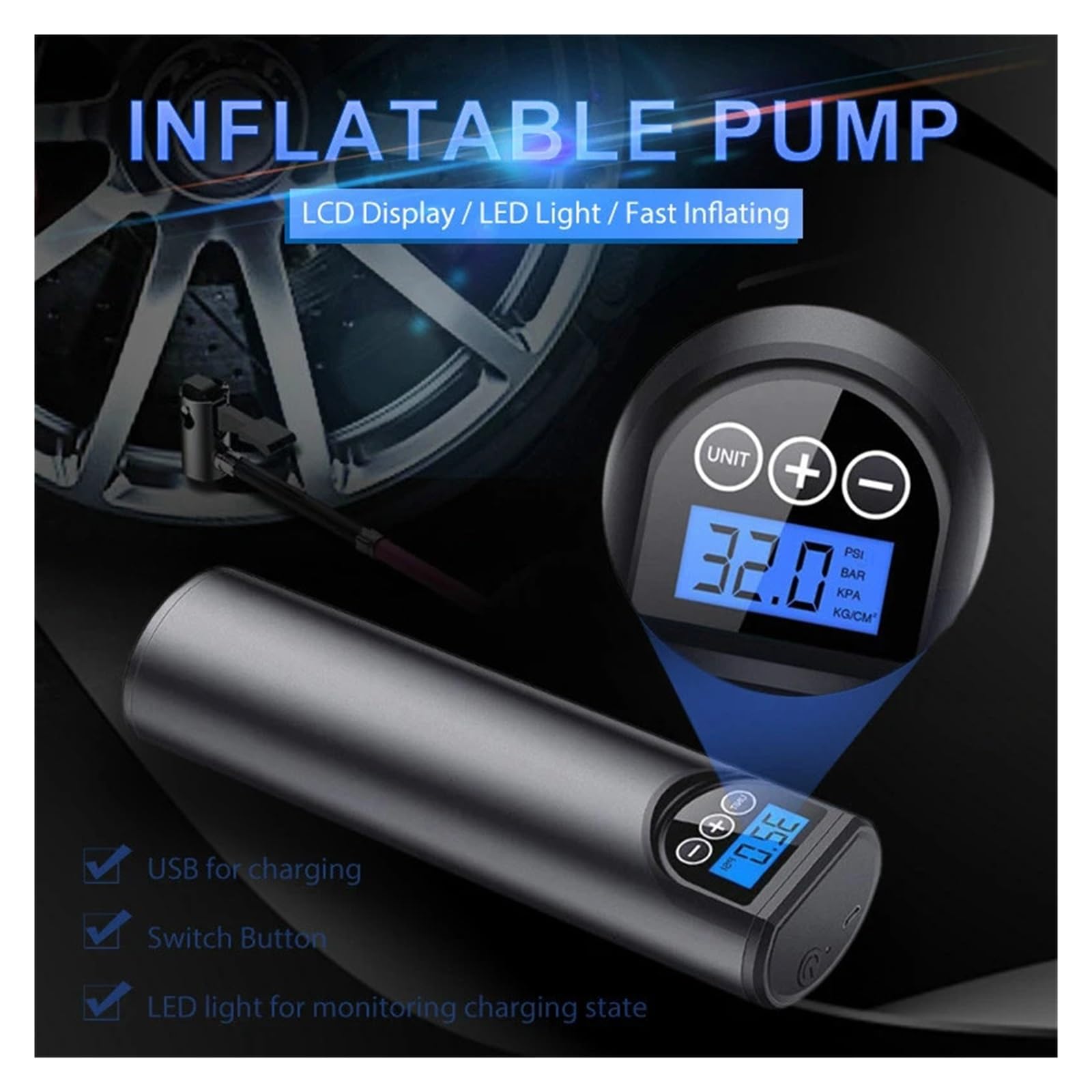 Bomba de Aire, Bomba De Aire Recargable para Inflar Neumáticos Portátil