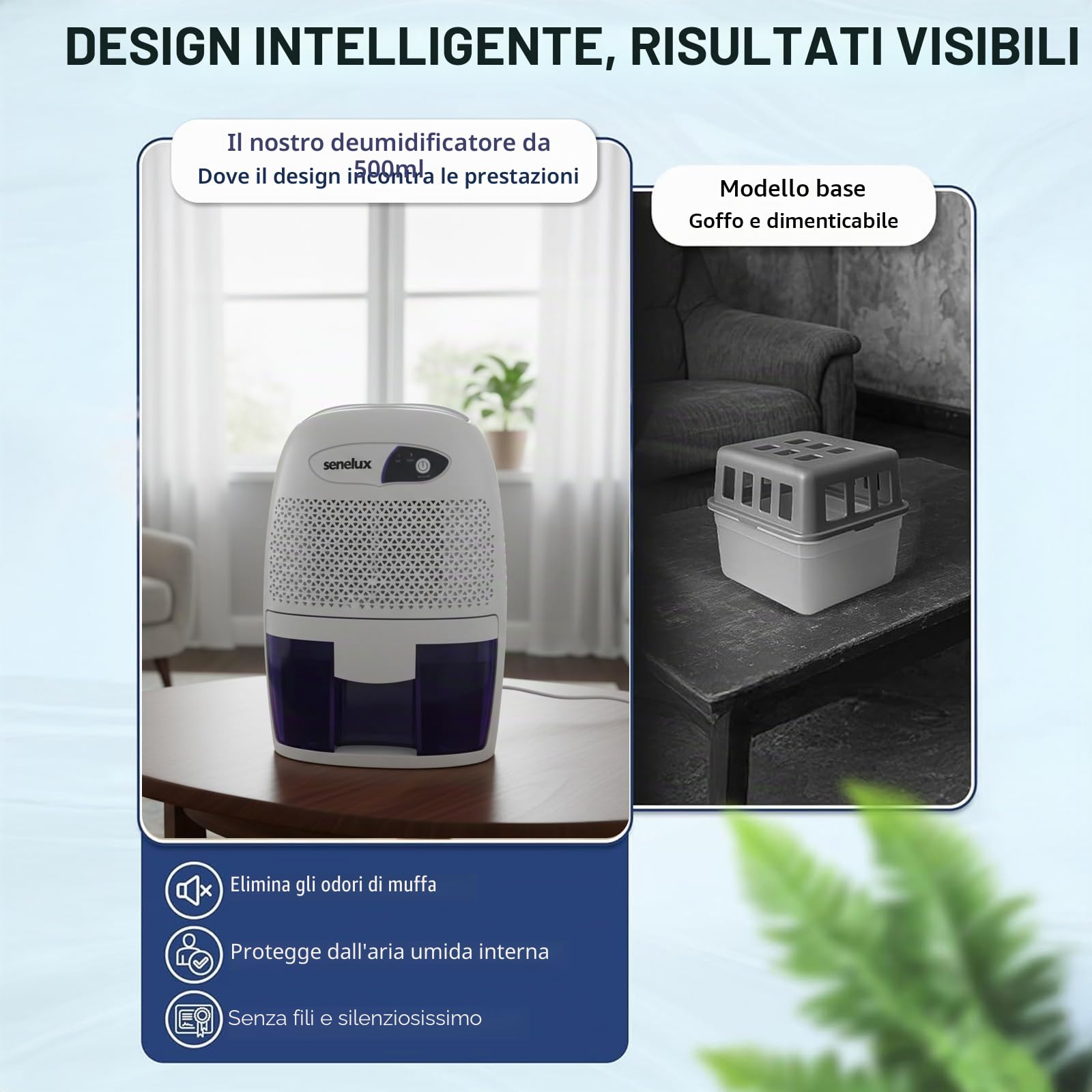Senelux Potente mini deumidificatore portatile da 500 ml, piccolo deumidificatore efficiente e stabile, umido per la casa, assorbitore di umidità portatile per piccole stanze, bagno, cantina, da letto
