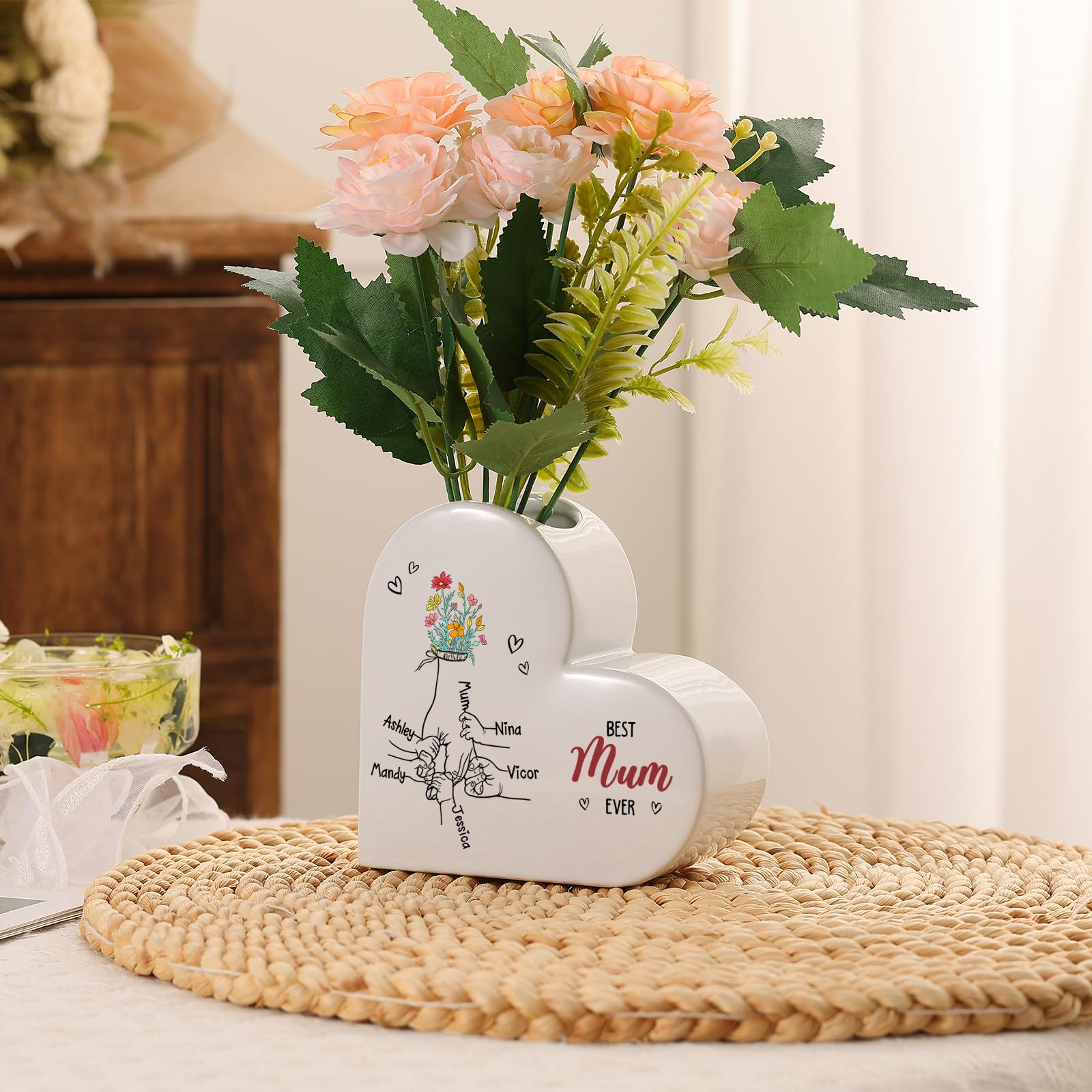 Personalised Heart Ceramic Vase with Name & Birth Flower Custom Flower Pot Unique Gift for Mum Nan Wife Girlfriend Small White Decorative Vases for Home Décor (Style 1)