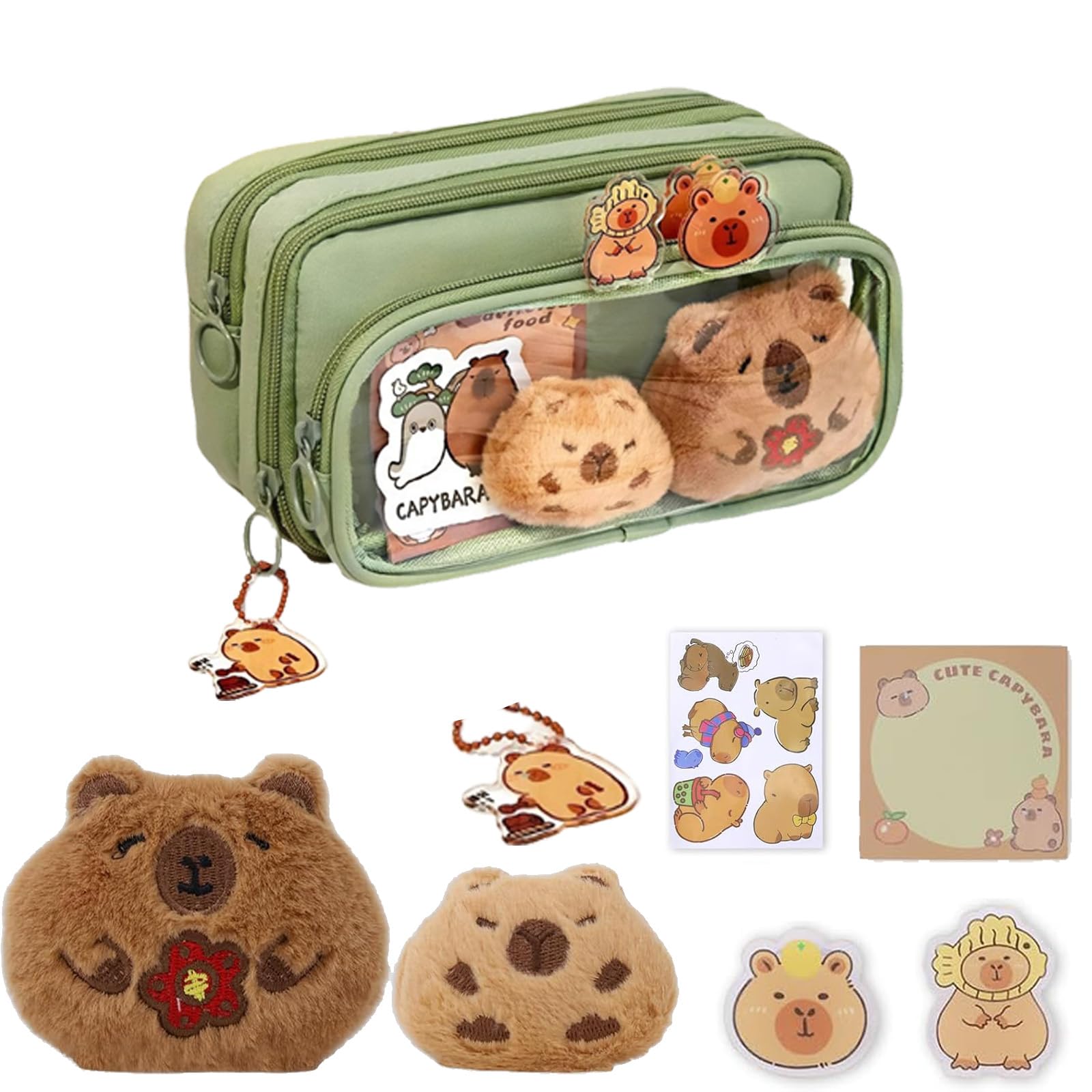 Cute Capybara Stationary Set,Capybara Pencil Case,Large Capacity with Compartments,Multifunctional Pencil Case,School Supplies with Stickers, Pendant Clips, Plush Note Pad (Green)