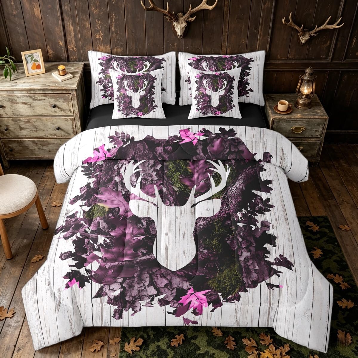 Erosebridal White Pink Camo Woodland Girls Women Comforter Set Queen Size 7 Pieces | Antlers Deer Bed in A Bag Retro Farmhouse Bed Set Vintage Adults Bedding