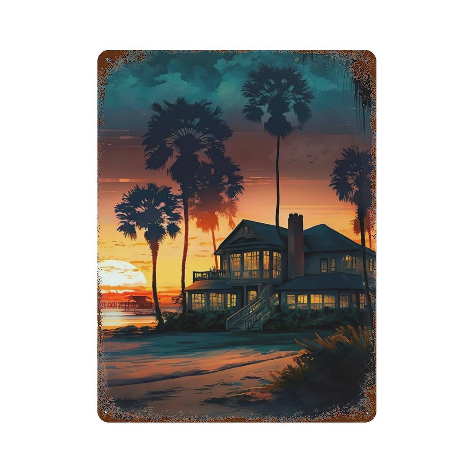 Coastal Village Landscape Vintage Metal Tin Sign 15.7"x11.8", Ideal for Cafe, Home Bar And Lounge Decor