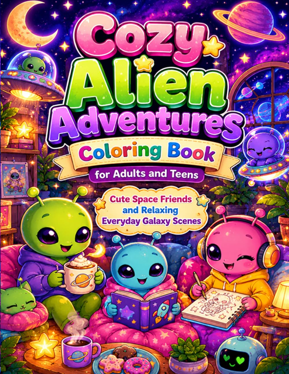 Cozy Alien Adventures Coloring Book for Adults and Teens: Cute Space Friends and Relaxing Everyday Galaxy Scenes