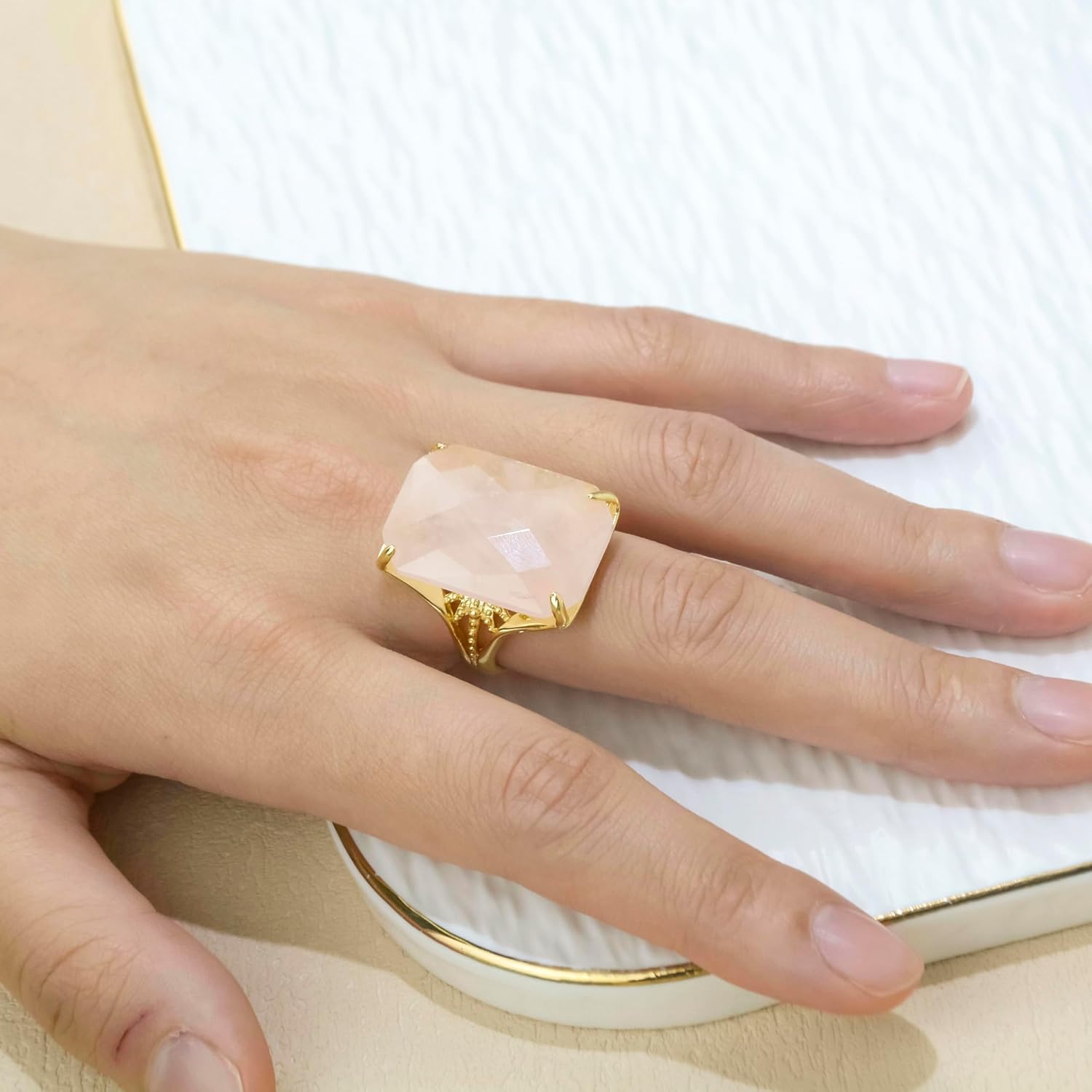 Rose Quartz Ring, Natural Rectangle Crystal Rings, Gold Plated Big Stone Jewelry Size 18 * 25MM Adjustable Rings for Women - Image 4