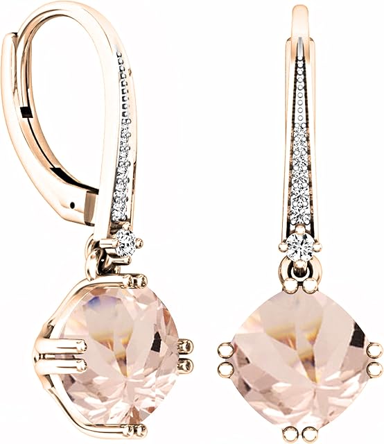 Dazzlingrock Collection 8mm Cushion Gemstone and Round White Diamond Lever Back Dangle Drop Earrings for Women, 14K Rose Gold