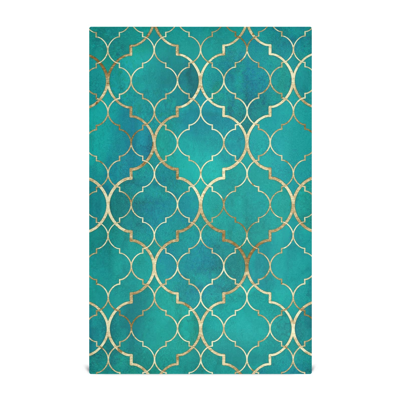 Poeticcity Golden,Green Seamless Green Teal Moroccan Tiles With Golden Gold Geometric 1 Pack Polyester Kitchen Dish Towel, Hand Bar Tea Towels With Hanging Loop, Hemmed Napkintowel Dishtowels Waffle Dishcloths
