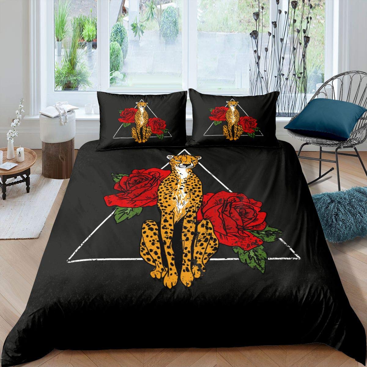 Homemissing Juego de cama de leopardo con funda de edredón para niños y niñas, diseño de guepardo, color negro