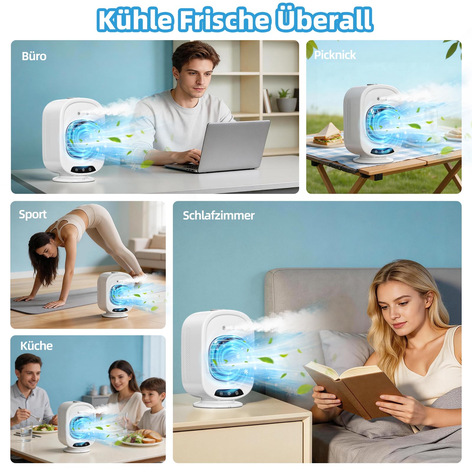 Mobile Klimaanlage, Mini Luftkühler mit 300mL Wassertank, 3 Geschwindigkeiten, 2 Sprühmodus, Mobil Klimagerät USB, Klimaanlage mobil für Büro, Schlafzimmer, Camping (Weiß)