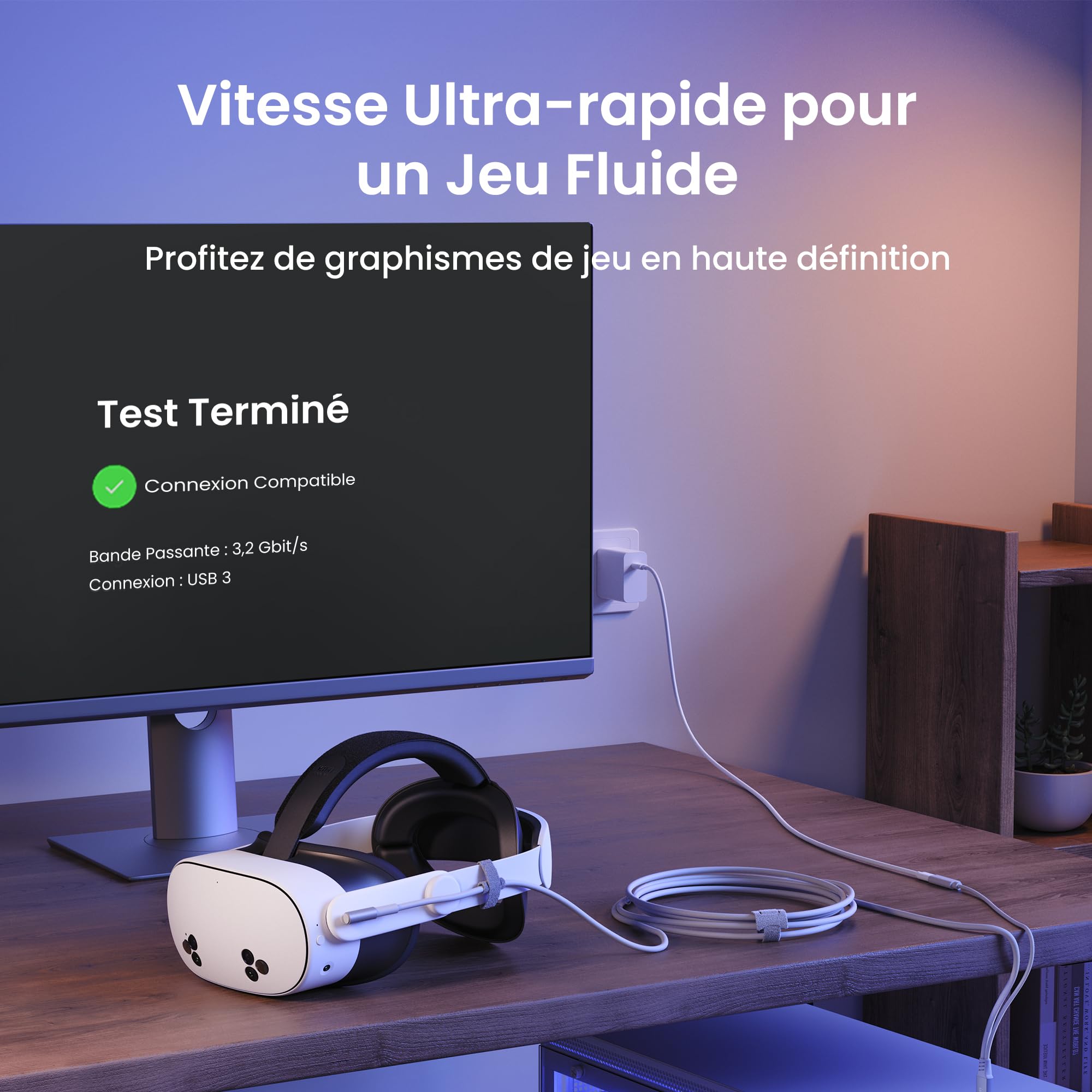 KIWI design Câble Link avec Chargement 5M Compatible avec Meta Quest 3s Quest 3 Quest 2/Pro/Pico 4 Accessoires et PC/SteamVR, Câble USB 3.0 à USB C Link avec Super Rapide 5 Gbps, pour Jeu Prolongé