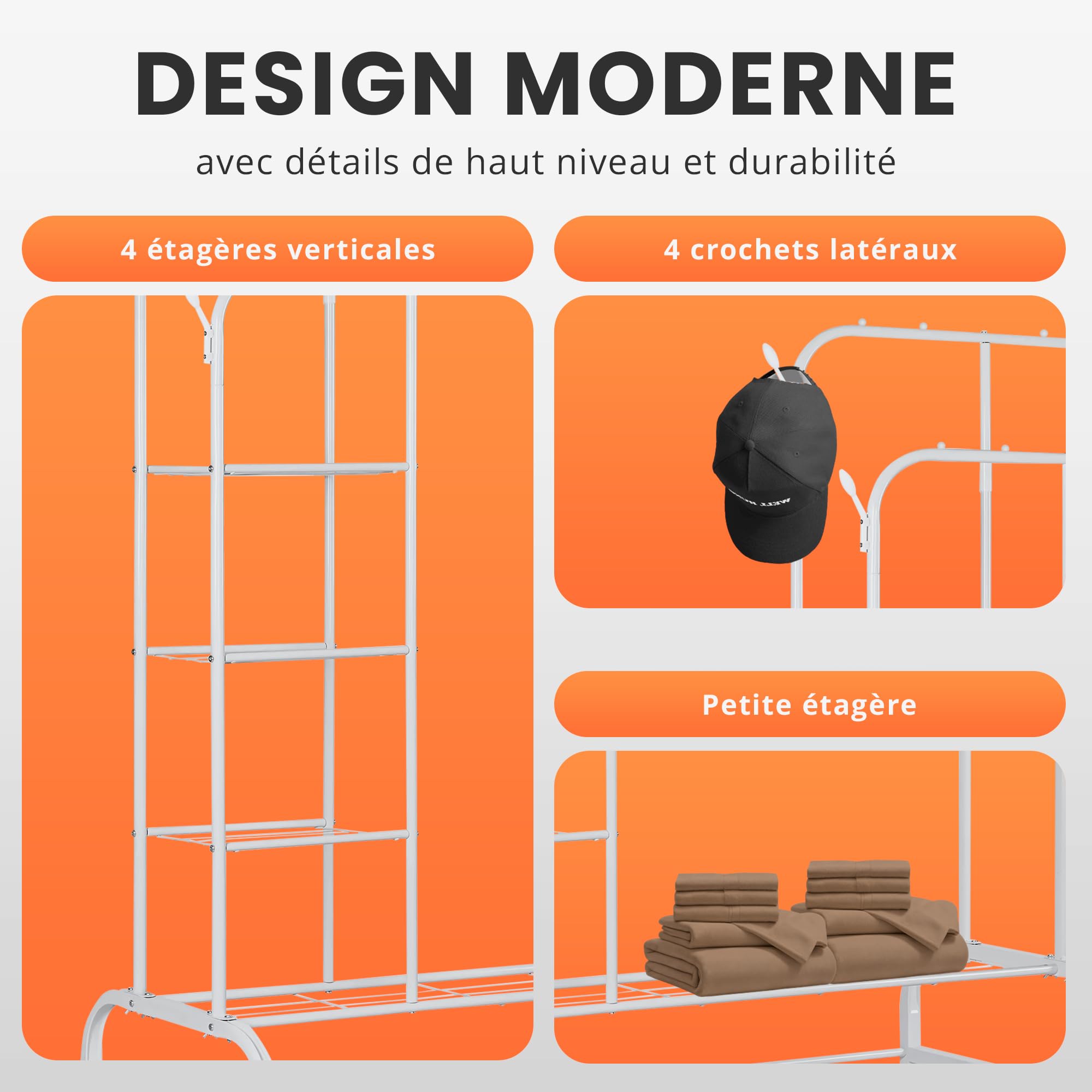 JUPPLIES Portant à Vêtements Solide à Roulettes avec 4 Étagères | Penderie Vetement Dressing sur Pieds | Charge Lourde | Rangement Chaussures