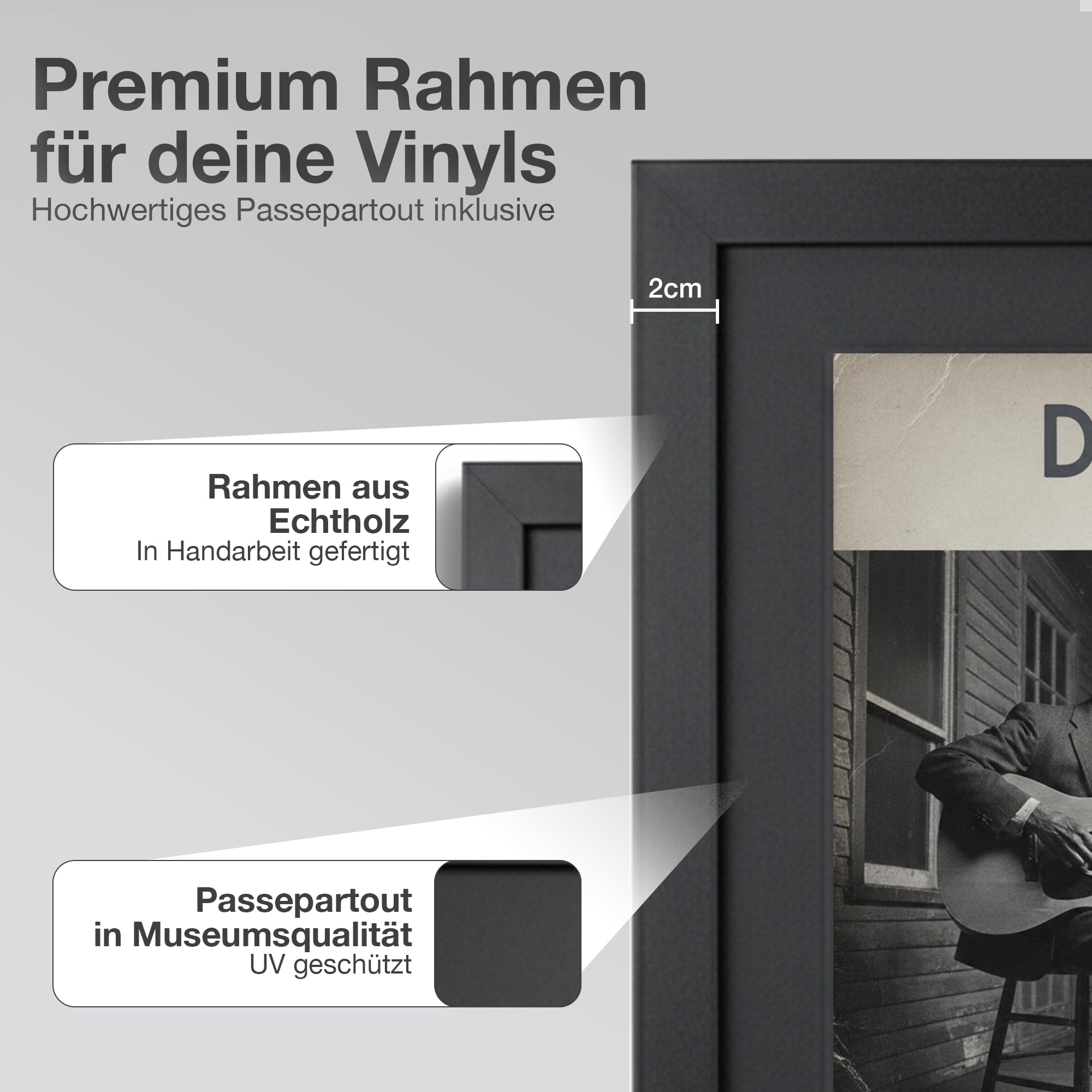Cornice per vinile Nero 40x60cm Set 2pz Passepartout Nero - Made in Germany - Cornice per vinile da parete per disco e cover - Vinyl Display Frames - Cornici quadri da parete lucida