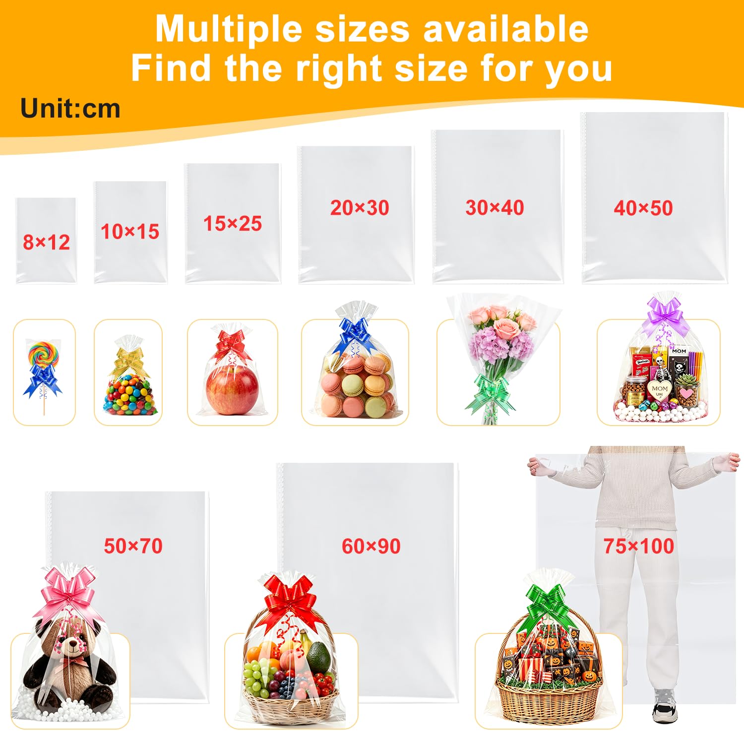 Bolsas de Celofán 90x60cm Grandes Transparente Bolsa Celofan Transparentes Con Cinta de Arcos y Cintas Metálicas para Regalos Embalaje Cestas Flores Manualidades y Ramos de Navidad (60x90cm)