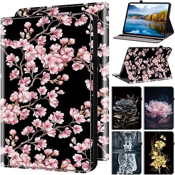 Case for Amazon Fire HD 10 2019/2017 Features Card Holder, Multi-Angle Kickstand & Golden Art Design, Slim Protective Folio Cover - Plum blossom