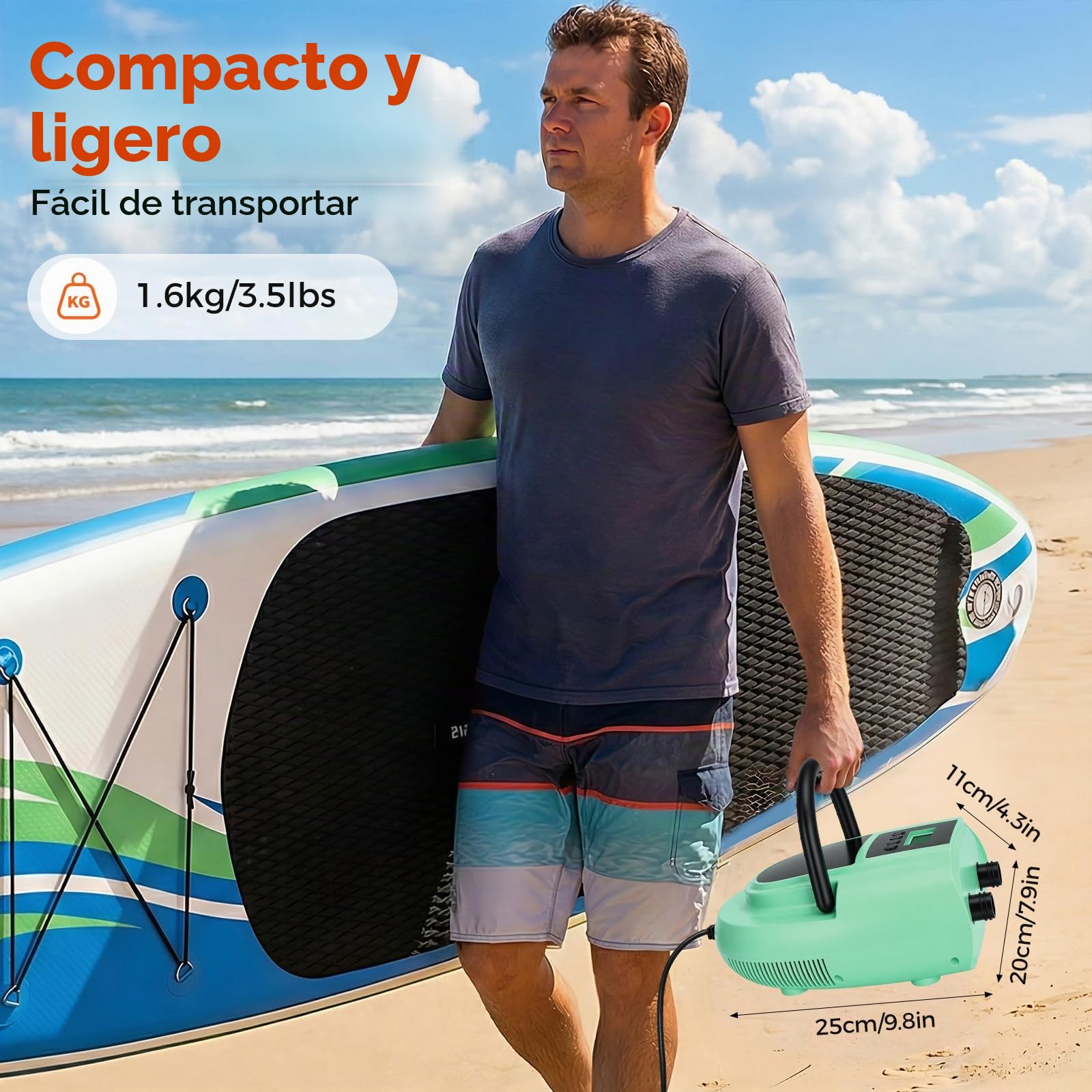 Bomba Eléctrica para Sup, Bomba de 12V con Apagado Automático, Presión Ajustable de 20PSI y Pantalla Digital, Bomba de Aire Eléctrica con 7 Boquillas para Botes, Colchones