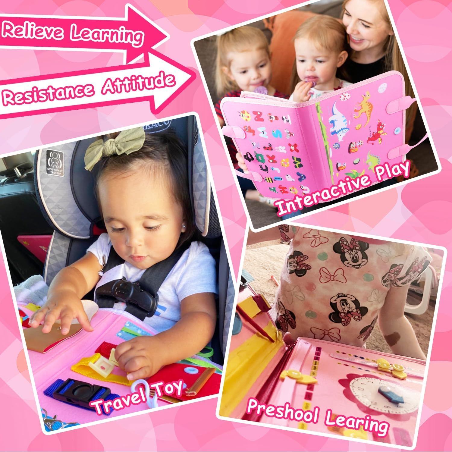 LATERN Giocattolo Montessori Busy Board per Bambini, 28CM x 21CM Tavola Sensoriale Educativa Per Attività Di Apprendimento Sviluppo Sensoriali Motorie Fini Per Bambino Regalo Aereo Auto Viaggio (Rosa)