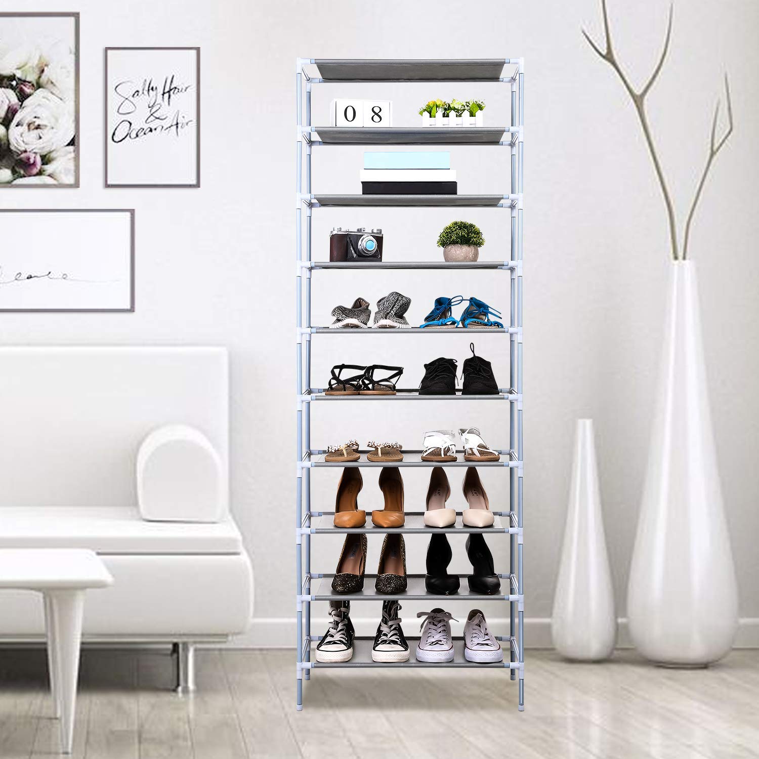 90 Points 10-Tier Shoe Rack Shoe Organizer Shoe Storage Shoe Shelves Cabinet Stackable - Easy to Assemble - No Tools Required (10 Tier (without cover))