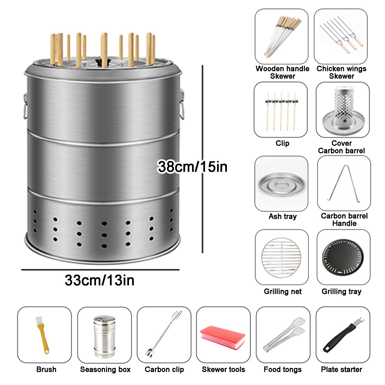 Grandi Griglie a Carbone Portatili, Barbecue a Carbone in Acciaio Inox a Barile, 360° Senza Fumo per Esterni, Fornello a Carbone Sospeso per Feste