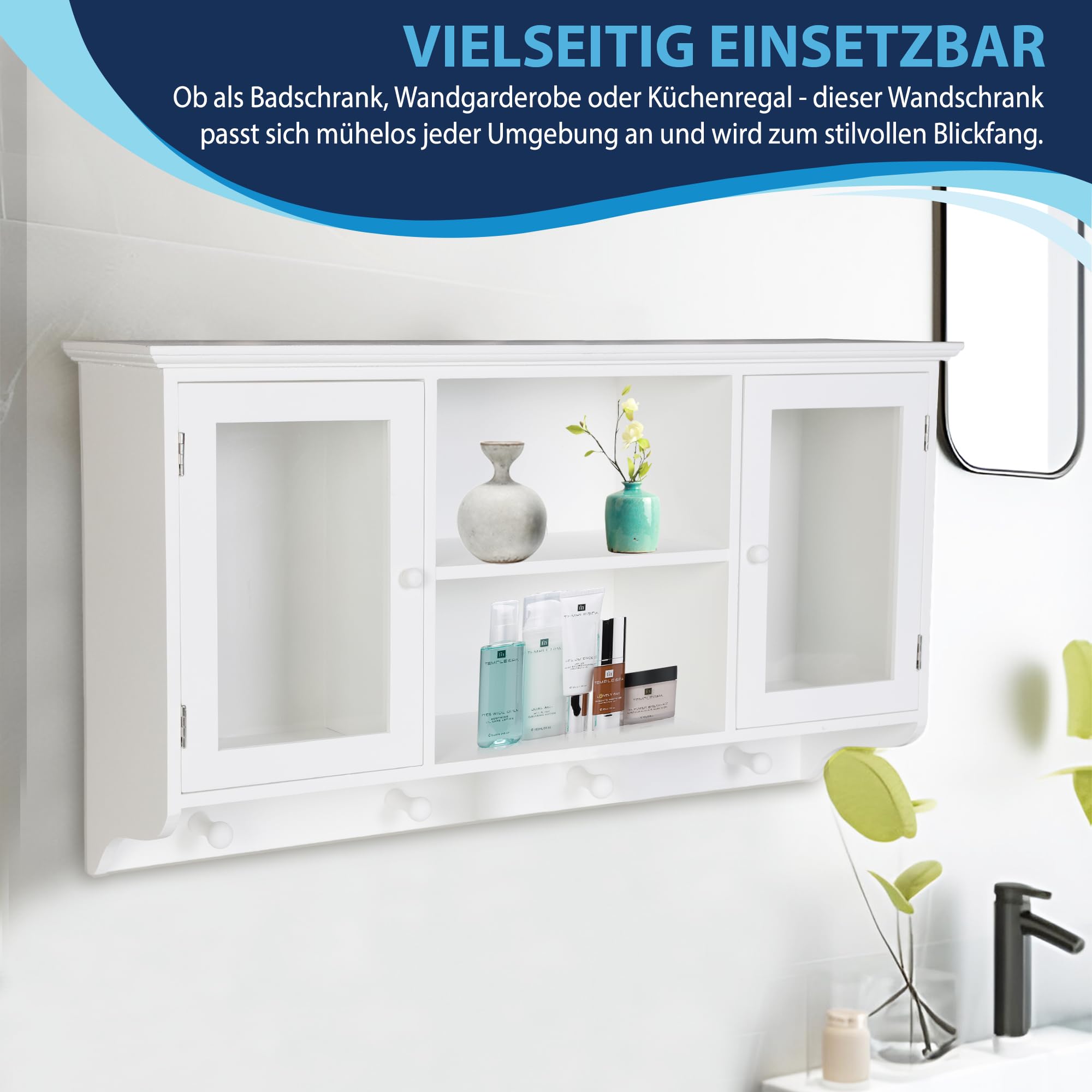 DRULINE Mała szafka wisząca, szafka ścienna, witryna, szafka kuchenna, szafka łazienkowa, białe drewno, akryl, (szer. x wys. x głęb.) ok. 60 x 34 x 15 cm