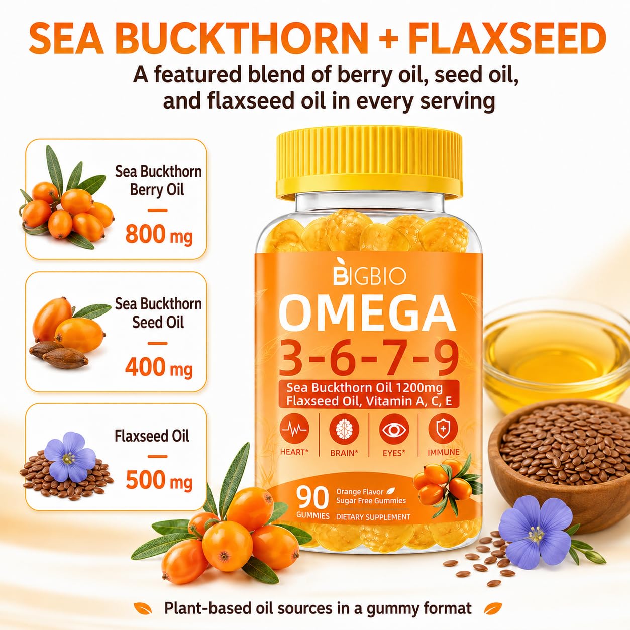 Omega 3-6-7-9 Gummies, Organic Sea Buckthorn Oil 1200MG & Flaxseed Oil 500MG, Vegan Omega 7 Supplement w/Vitamin A, C, E, Fatty Acids, No Fish Taste, Supports Skin, Eye, Immune, Brain Health, 90 Cts — Amazon image 4