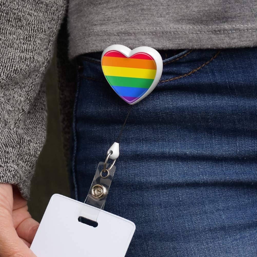 Rainbow Pride Gay Lesbian Contemporary Heart Lanyard Retractable Reel Badge ID Card Holder - White - Image 2