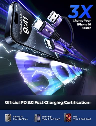 Vista 12 de AINOPE Cable USB C a USB C, paquete de 2 cables USB C de 6 pies de carga rápida con adaptador USB a USB C, cable USB a USBC de 60 W para iPhone 17