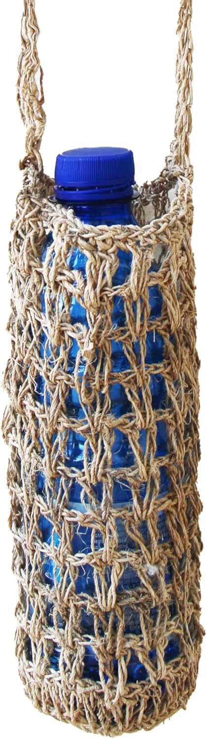 manakamana Macrame Water Bottle Holder, Hemp Woven Carrier with Long Strap, Boho Style Sling for Hiking, Cycling, Fitness