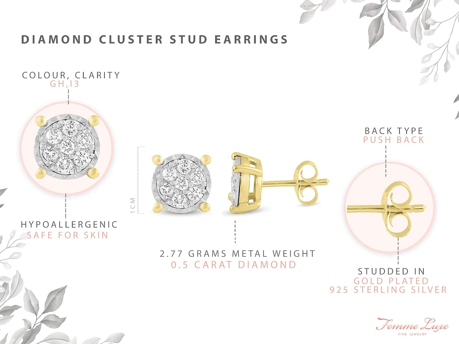Femme Luxe 0.50 ct. t.w. Diamond Cluster Stud Earrings, 14k Yellow Gold Over 925 Sterling, Unisex Studs, Hypoallergenic, Gift Ready Packaging (Color: G-H, Clarity: I1) 10mm