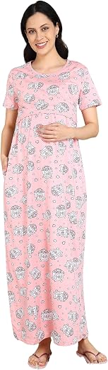 Moms Ever Pure Cotton Zipless Maternity Loungewear Night Dress | Maxi Length Feeding Nighty for Pregnancy and Postpartum