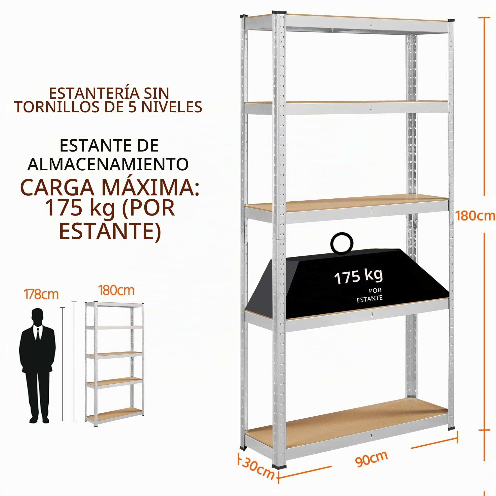 Yaheetech Estantería de Almacenaje Metálicas Estanteria de 5 Baldas para Garaje Trastero Marco Metal 180x90x30cm Capacidad 175 KG Plata