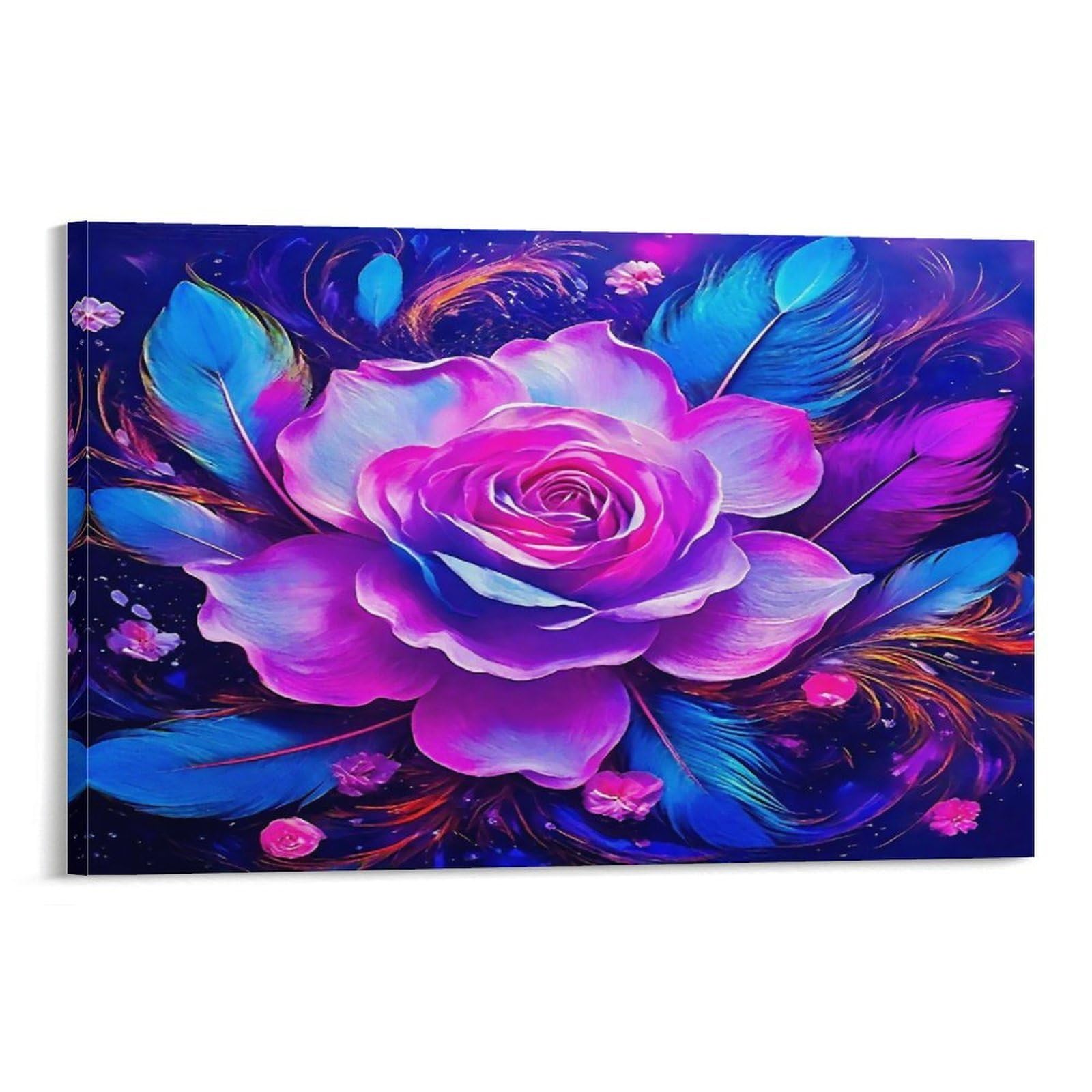 CPLVKWRQJ Skeleton Angel with Roses And Wings Individual Neon Pink Rose Bright Blue Feather Decor Canvas Wall Art - Office Canvas Print Fade Resistant Wall Focal Art Ready to Hang 16x24inch(40x60cm)