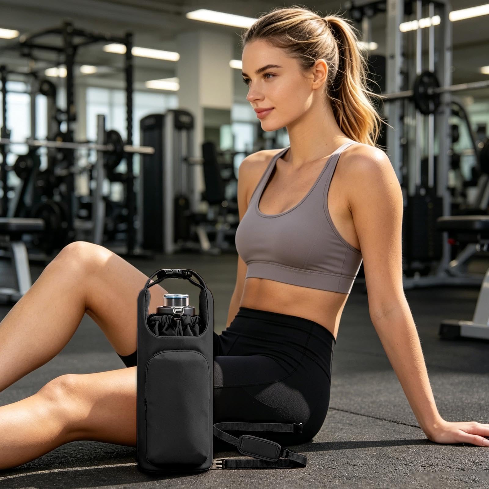 Wasserflaschenhalter mit Gurt, verstellbare isolierte Tasche mit Kordelzug mit Tasche, Wasserflaschenriemen, für Fitnessstudio, Wandern, Reisen, Outdoor, Strand, Büro, Schule, Auto, Kreuzfahrt