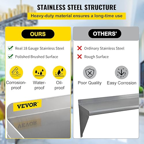 Miniatura 5 de VEVOR Estante de pared de acero inoxidable, estantería comercial de montaje en pared con protector contra salpicaduras y 2 soportes para