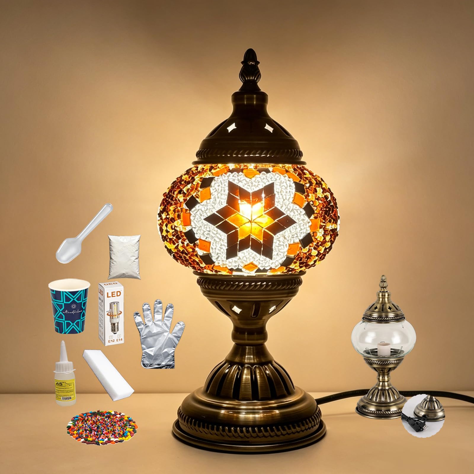 DIY Turkish Mosaic Lamp Kit with Bronze Base Moroccan Tiffany Style Stained Glass Night Stand Light USB Powered Bedside Lamp Included LED Bulb for Dessert Shop Living Room Decor(5.12x11.42in)