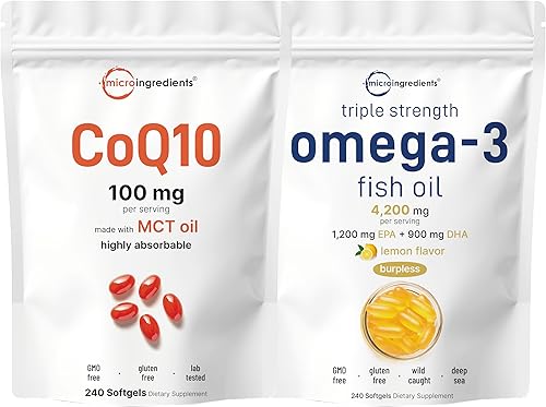 Micro Ingredients Aceite de pescado Omega-3 4,200 mg y CoQ10 100 mg cápsulas blandas paquete de 2 unidades  Pescado capturado en la naturaleza, sin