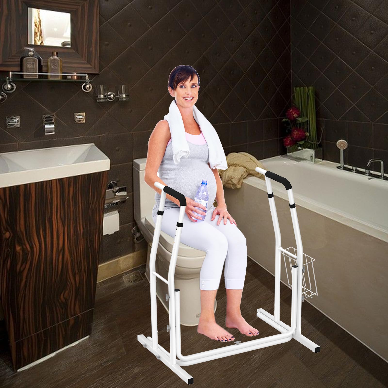 AUFUN Mobile WC-Aufstehhilfe Toiletten mit Ablagekorb - rutschfest höhenverstellbar Toilettenstützgestell - Toiletten Halteschiene 790 x 550 x 680-780mm,weiß