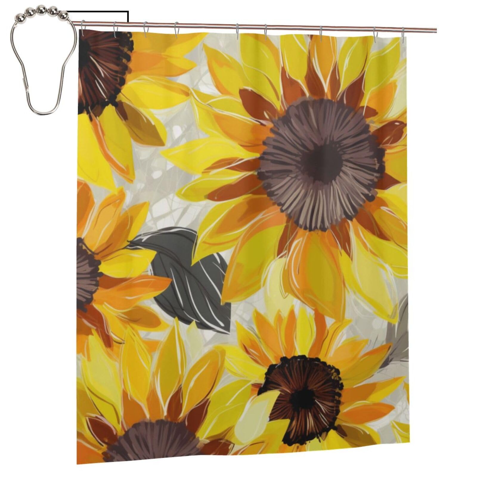 BWWHCCTI Abstract Sunflowers Printed Shower Curtain With 12 Iron Hooks Opaque Quick Drying Waterproof Shower Curtains Sets For Bathroom 152x183 Cm