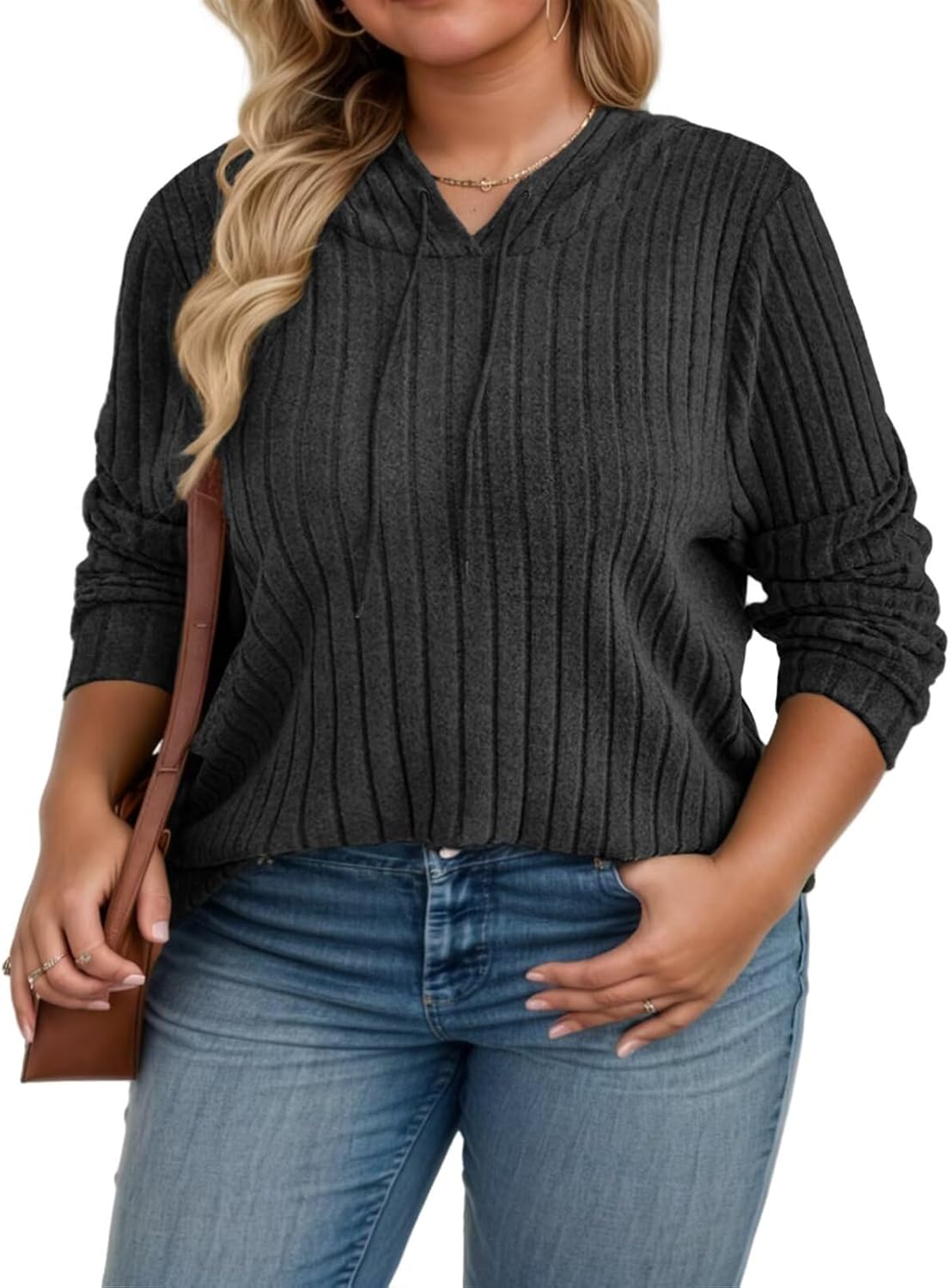 DOLNINE Plus-Size-Hoodies for Women Fall Dressy Hooded Sweatshirt Lightweight Long Sleeve Ribbed Knit Pullover Sweaters - Image 2