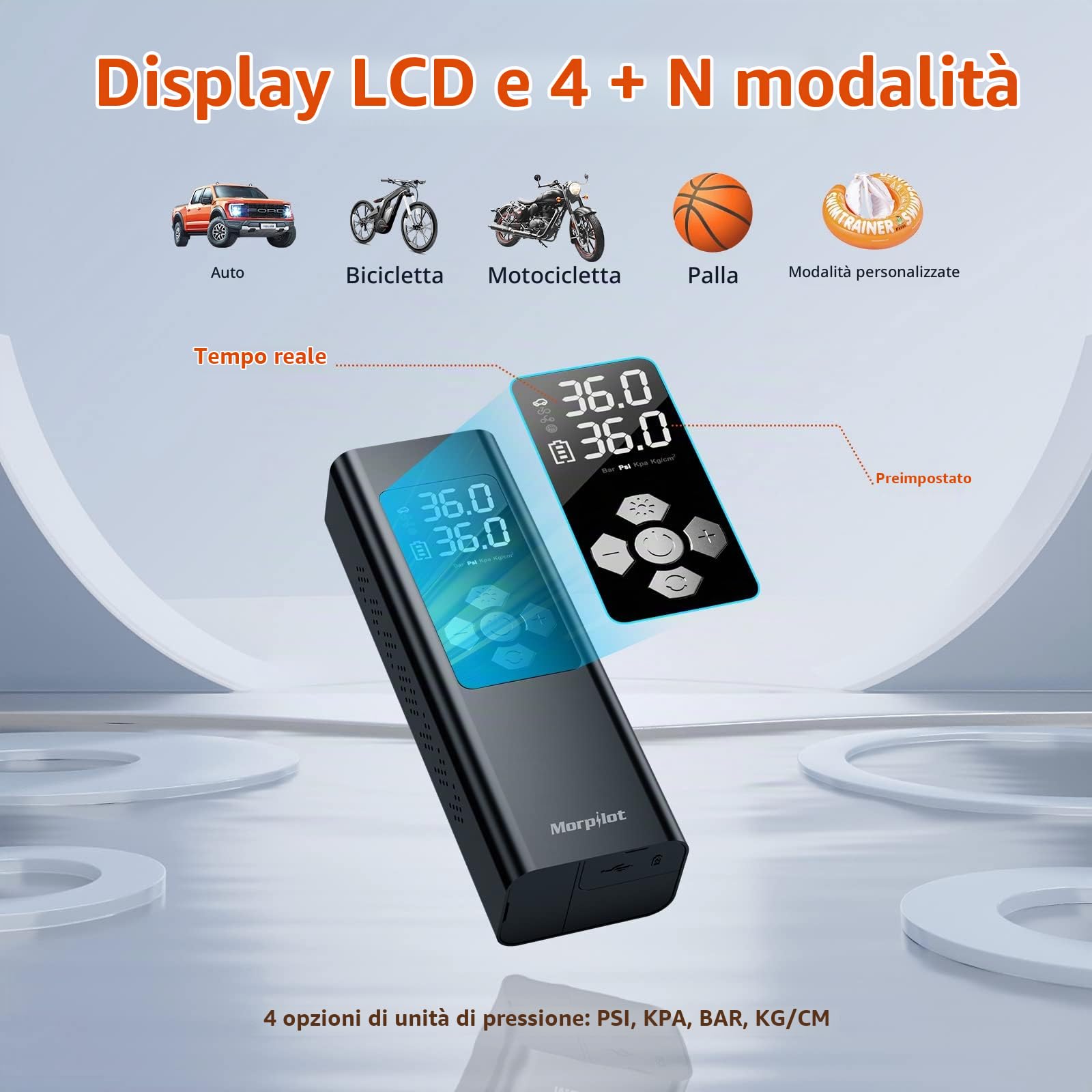 Compressore Aria Portatile da 9000mAh, Morpilot 150PSI Gonfiatore con Batteria Ricaricabile, Doppio Schermo LCD Digitale, 4 Ugelli, Pompa Elettrica per Bicicletta, Auto, Moto, Palloni