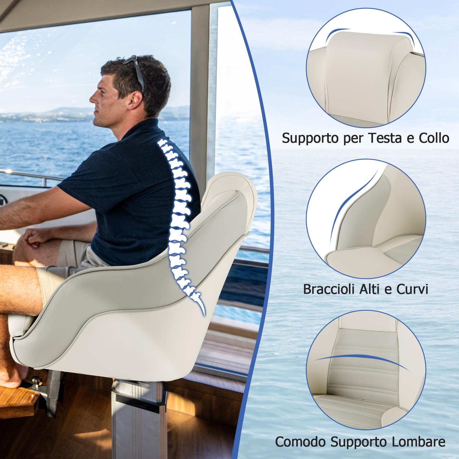 COSTWAY Sedia da Barca, Sedia con Schienale Basso con Cuscini Imbottiti in PVC, Telaio in PP, Bracciolo, Bulloni di Fissaggio, Sedia Impermeabile per Barca da Pesca, Barca Turistica, 58 x 61 x 53 cm