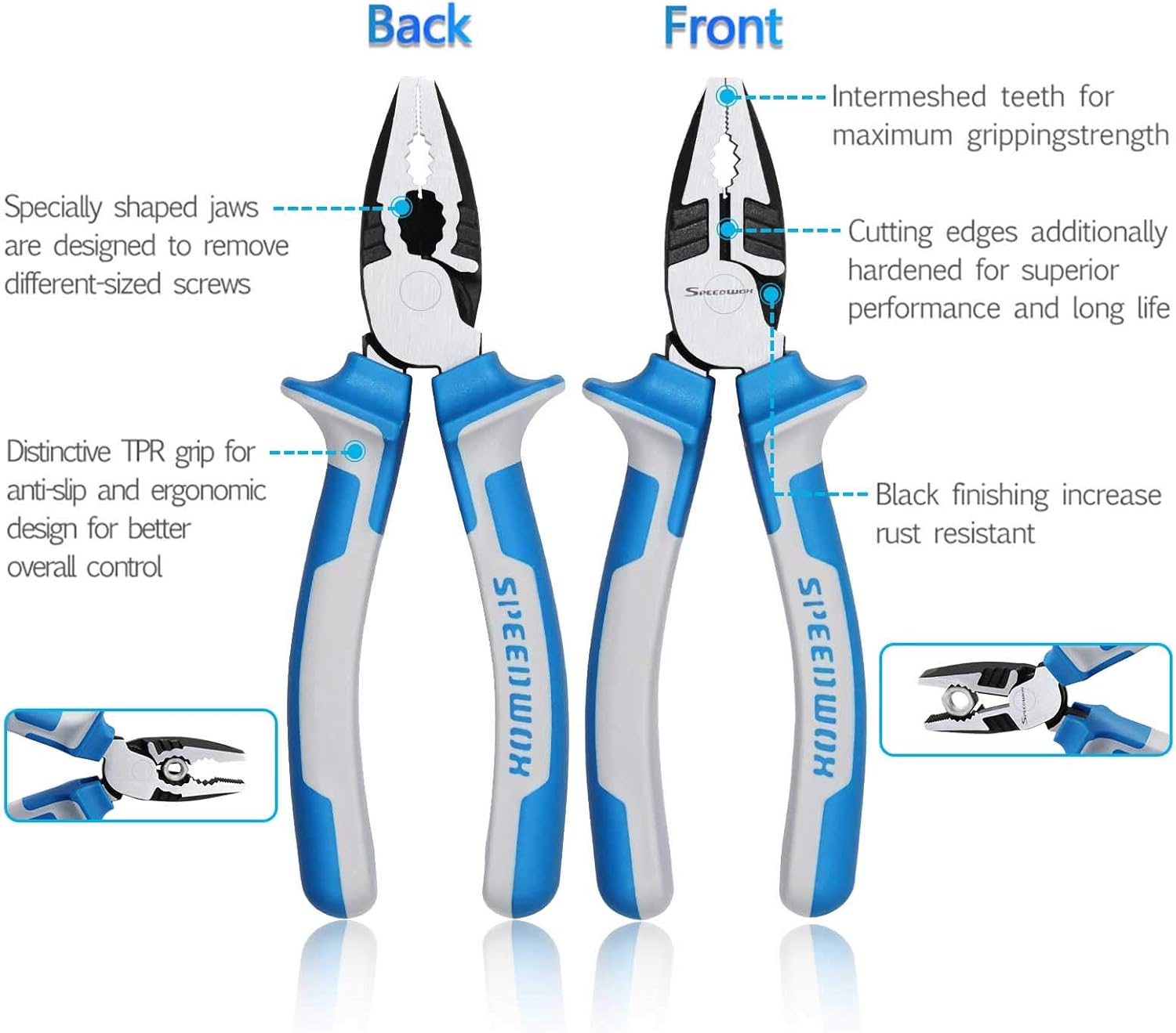 SPEEDWOX High Leverage Combination Pliers 6 Inches Lineman's Pliers CR-NI Steel Linesman Pliers Heavy Duty Wire Cutters Reduce Effort by 35%