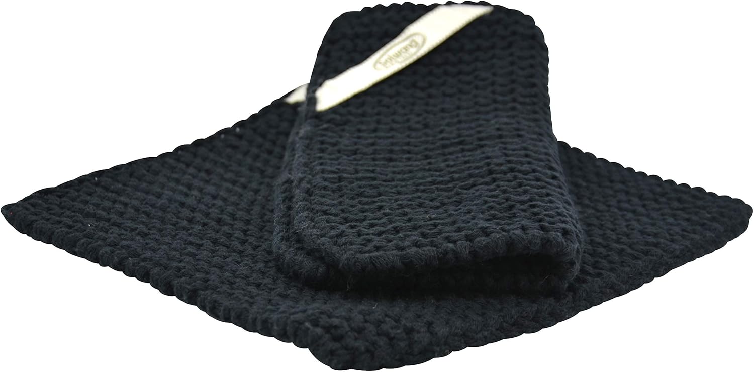 Danish Knitted Pot Holders Made with Thick 100% Eco-Tex Certified Cotton - Made in India (Pair Black)