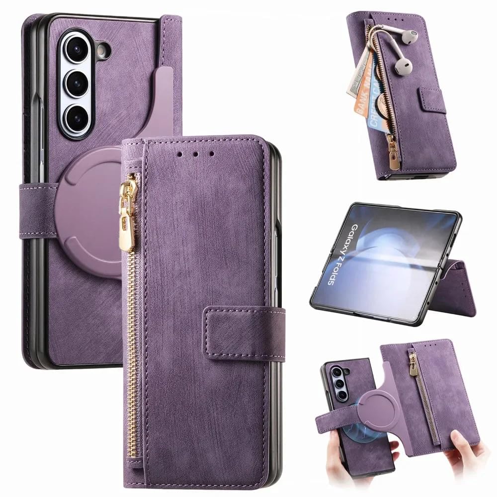 Solt Wallet Phone Case para Samsung Galaxy Z Fold 6 5 4 3 Fold6 Fold5 Fold4 Fold3 5G Funda de Cuero 2 en 1 con Cremallera Desmontable, Púrpura, para Galaxy Z Fold 6